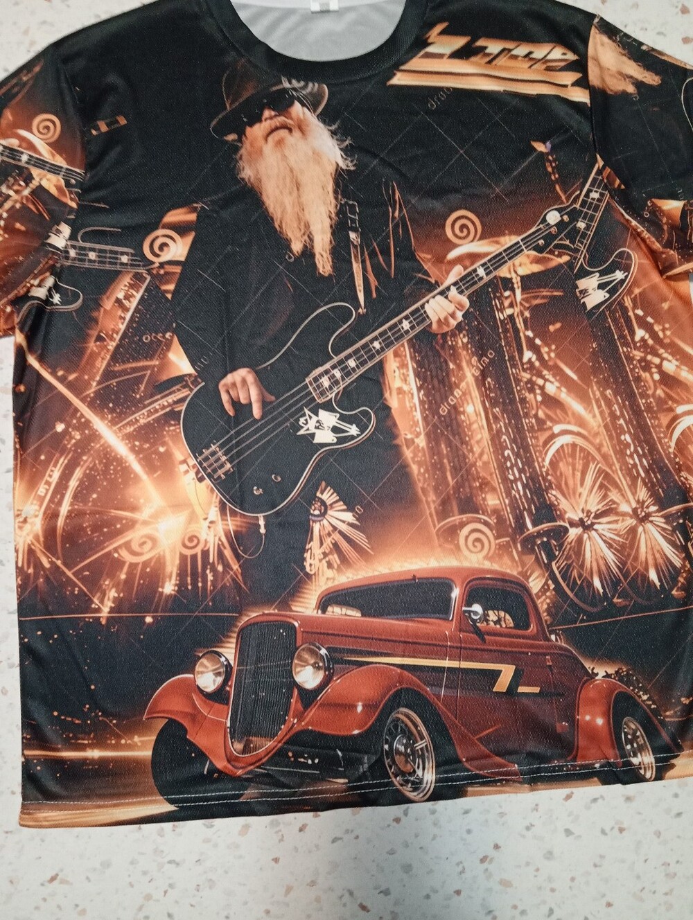 Men's Graphic Car & Guitar Print Shirt in Black and Copper